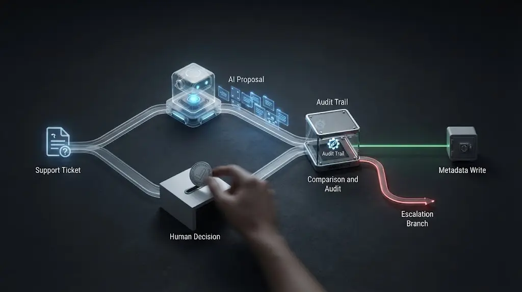 Illustration of shadow-mode support triage comparing an AI proposal with a human decision before a limited metadata write
