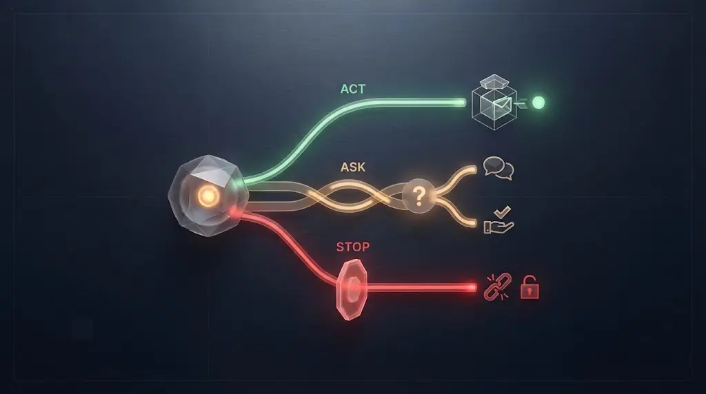 Illustration of an AI agent choosing to act, ask, or stop based on risk and authority