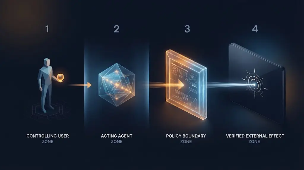 Illustration of a user delegation becoming a bounded AI agent action with an approval and verification boundary