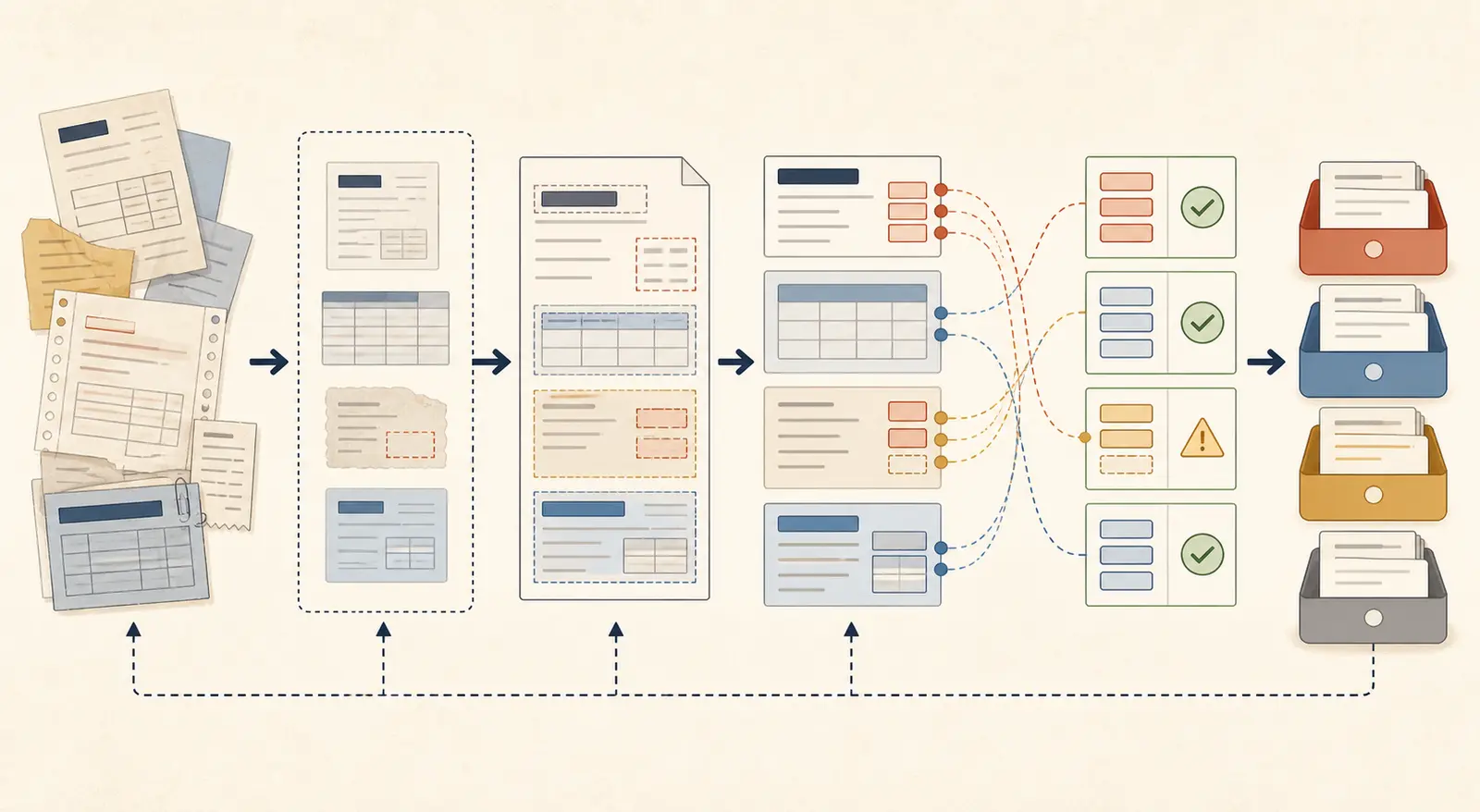 Illustration of a layout-aware document pipeline preserving pages, tables, blocks, and field evidence