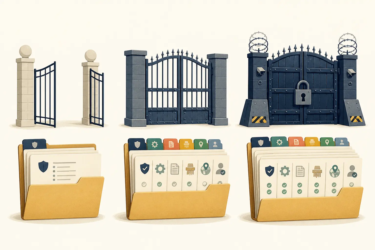 Illustration of a buyer moving a sensitive AI workflow through low, medium, and high approval gates
