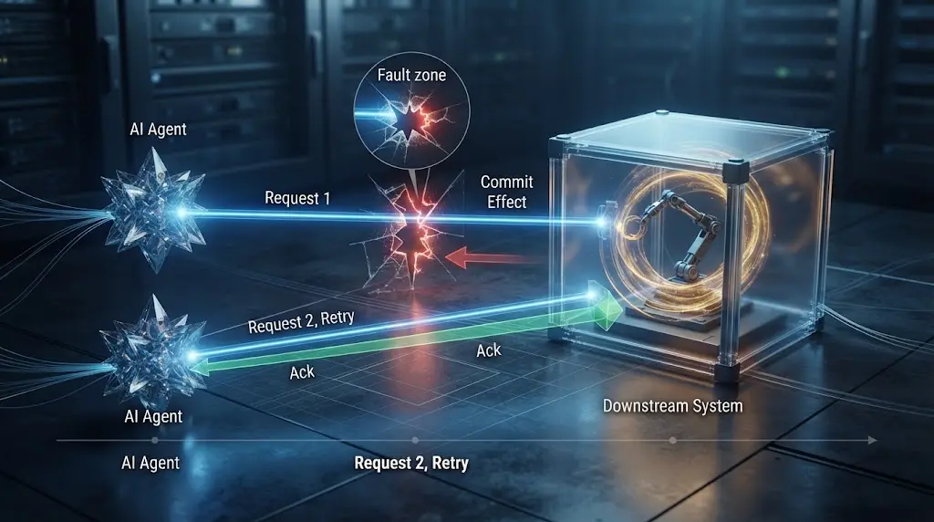 Timeline showing an external effect committing before the AI agent receives its response