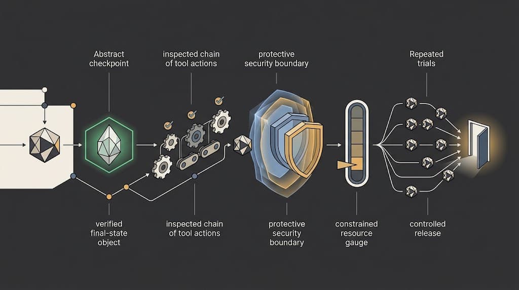 An AI agent path passing through five inspection gates before reaching a controlled release