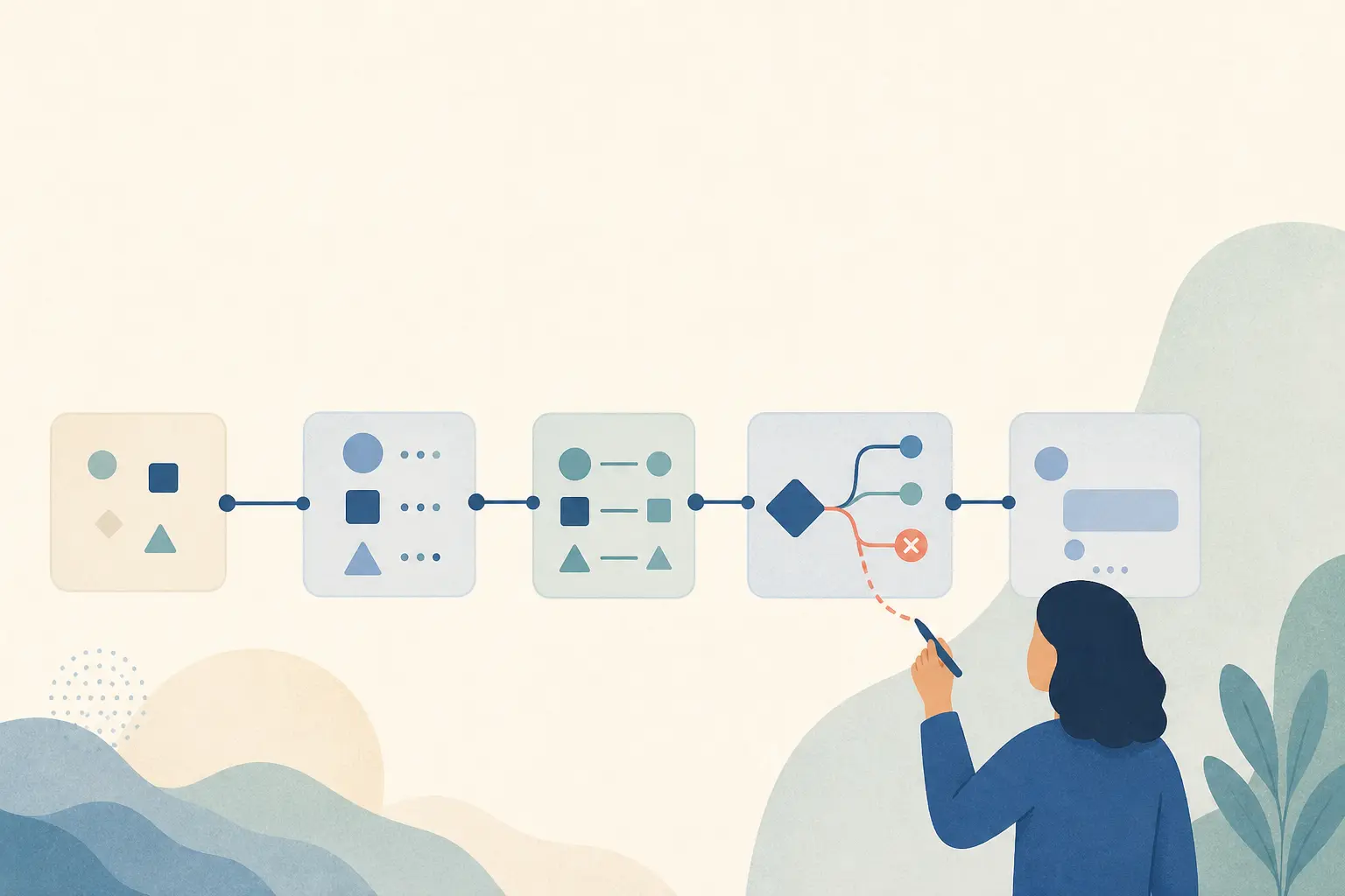 Illustration of a learner tracing a broken AI workflow from a misleading symptom to its first invalid artifact
