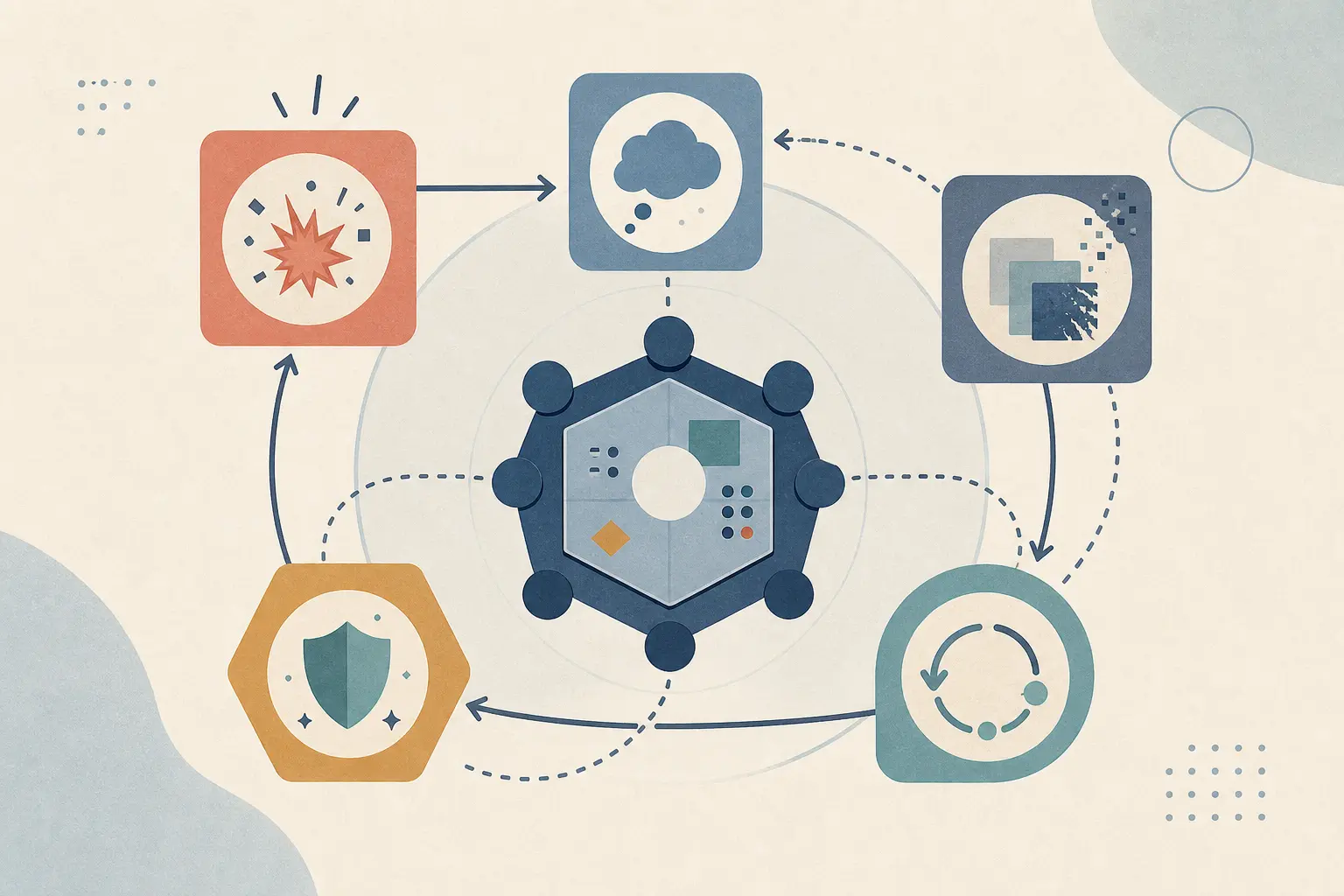 Illustration of an AI agent failure review board connecting premature action, vague questions, stale answers, and safe repairs