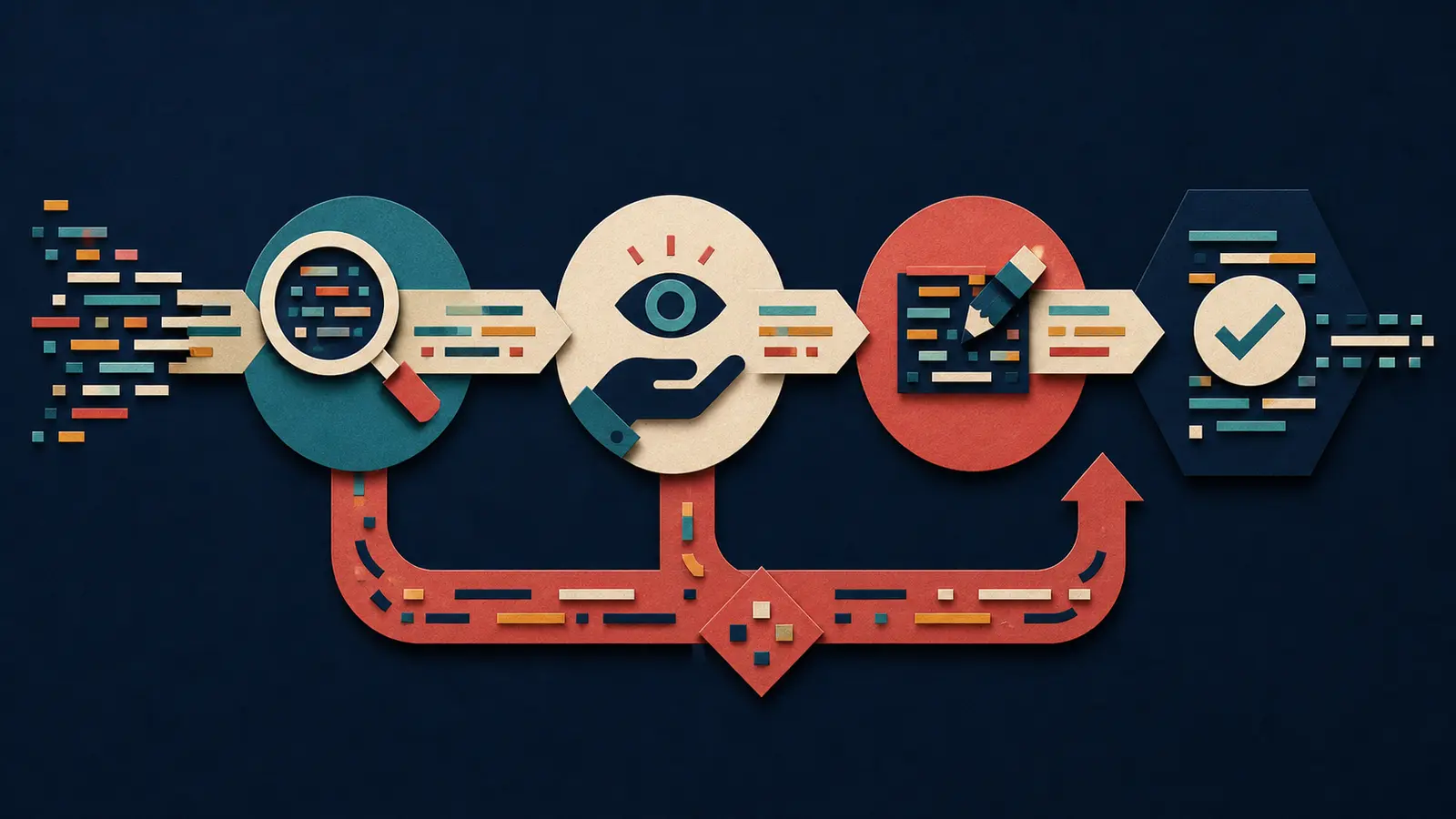 Illustration of generated code passing through tests, review, rework, and final acceptance
