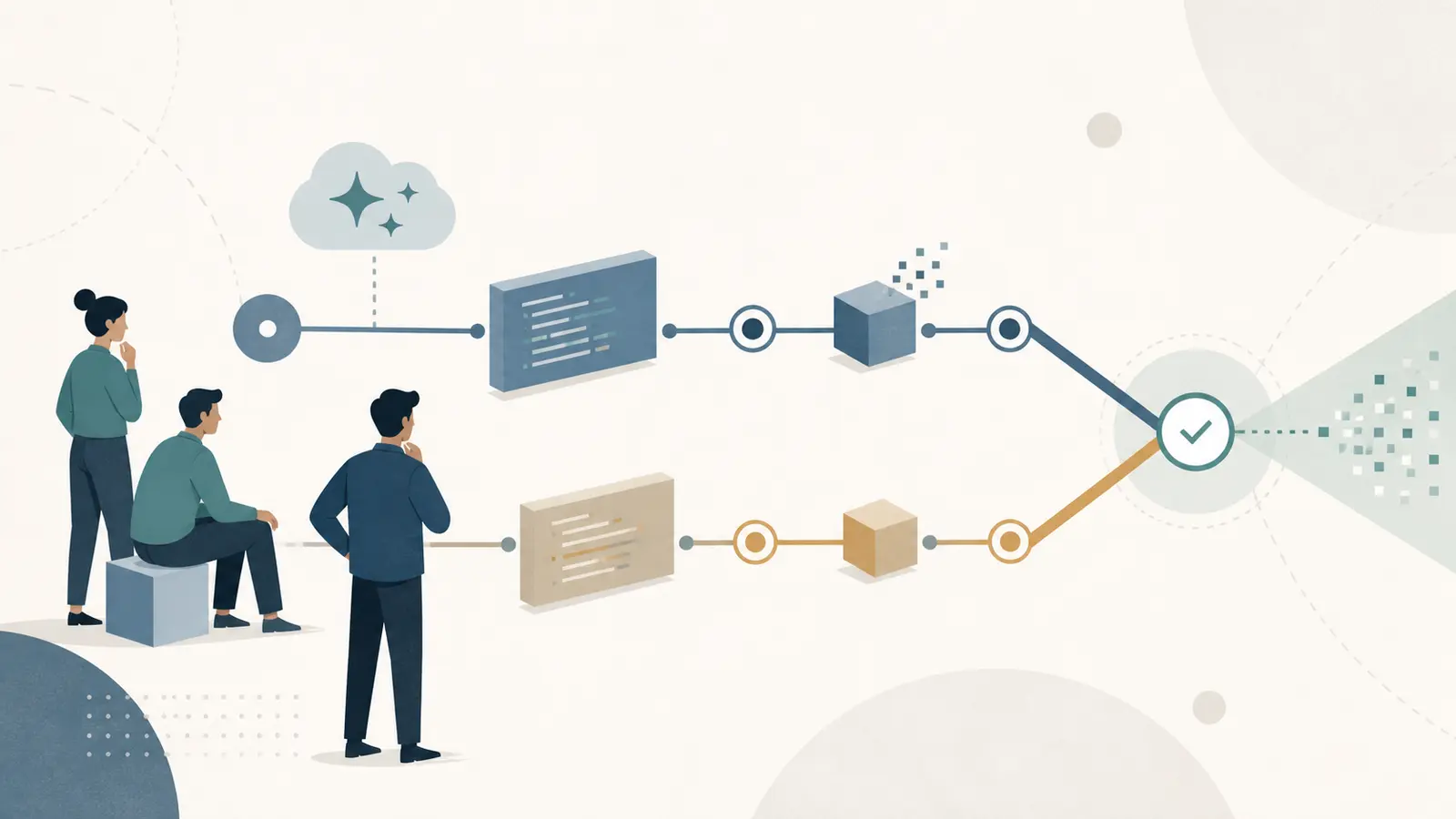 Illustration of a small software team measuring assisted and unassisted coding paths until an accepted change