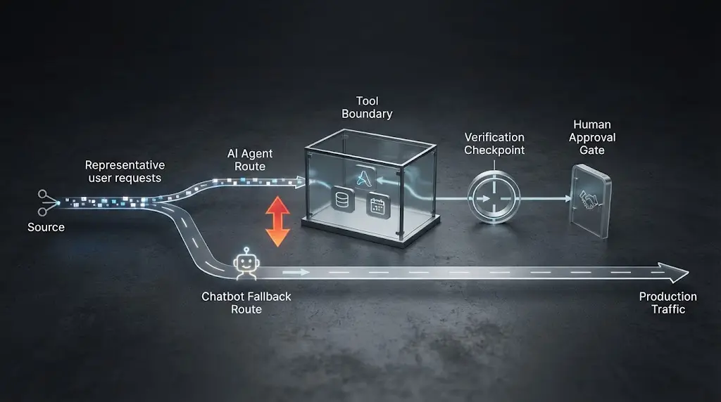Illustration of a canary release with an agent route, chatbot rollback route, approval boundary, and outcome verification