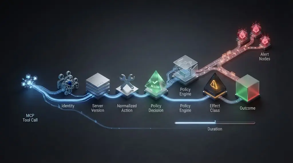 Illustration of an MCP audit trail connecting identity, tool version, policy decision, effect, and alert