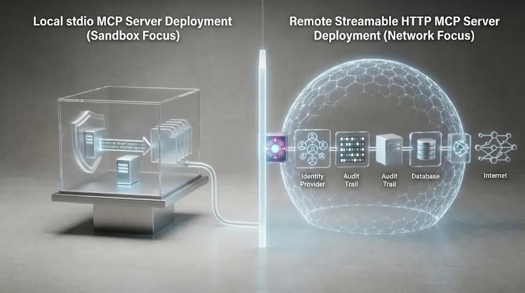 Illustration of local stdio and remote Streamable HTTP MCP deployments with different trust boundaries