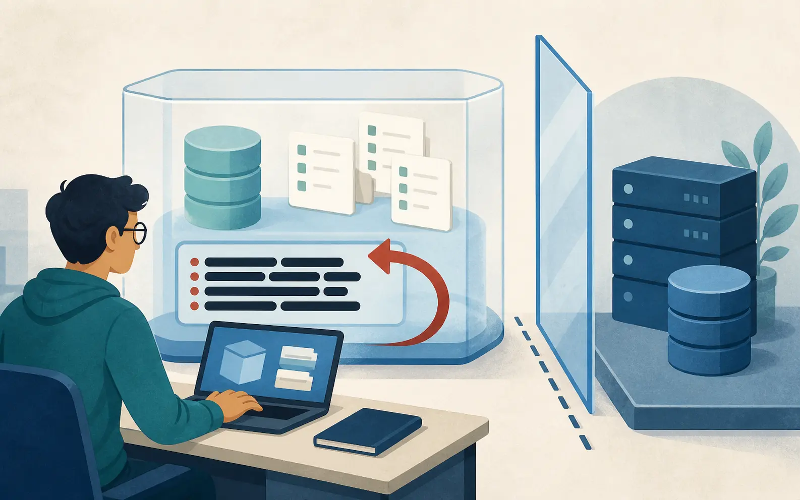 Illustration of a source ladder connecting technical documentation, a sandbox test, and an AI explanation