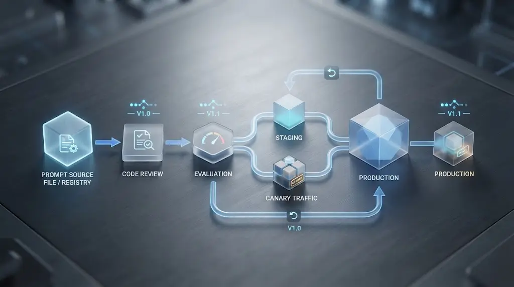Illustration of a prompt change travelling through review, evaluation, deployment, and rollback