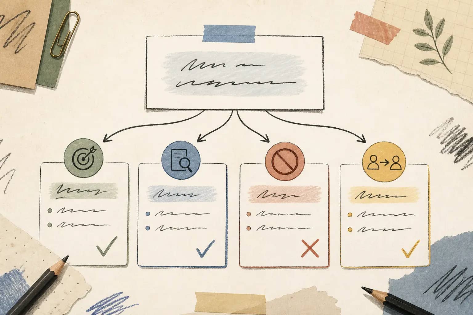 Illustration of an acceptance criteria worksheet turning a vague AI feature request into testable product decisions