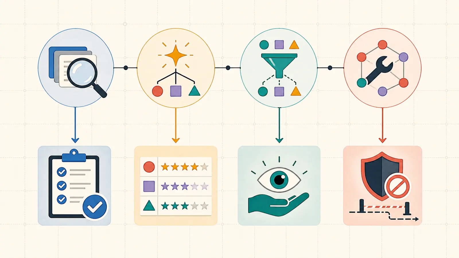 Illustration of a decision table mapping AI feature types to deterministic checks, rubrics, human review, and refusal paths