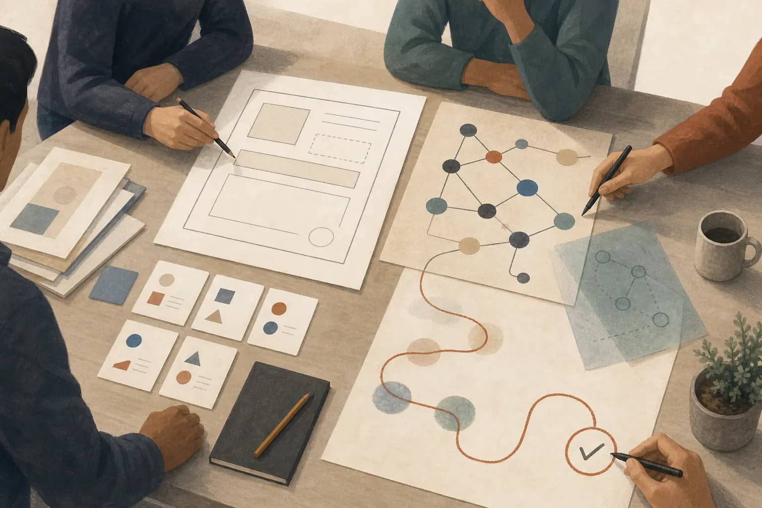 Illustration of a product team reviewing an AI feature contract beside test cases, source evidence, and a human approval path