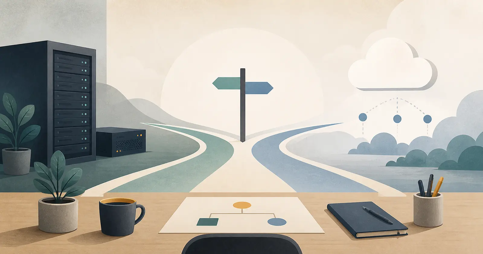 Illustration of a small company choosing between a local LLM server and an API connection