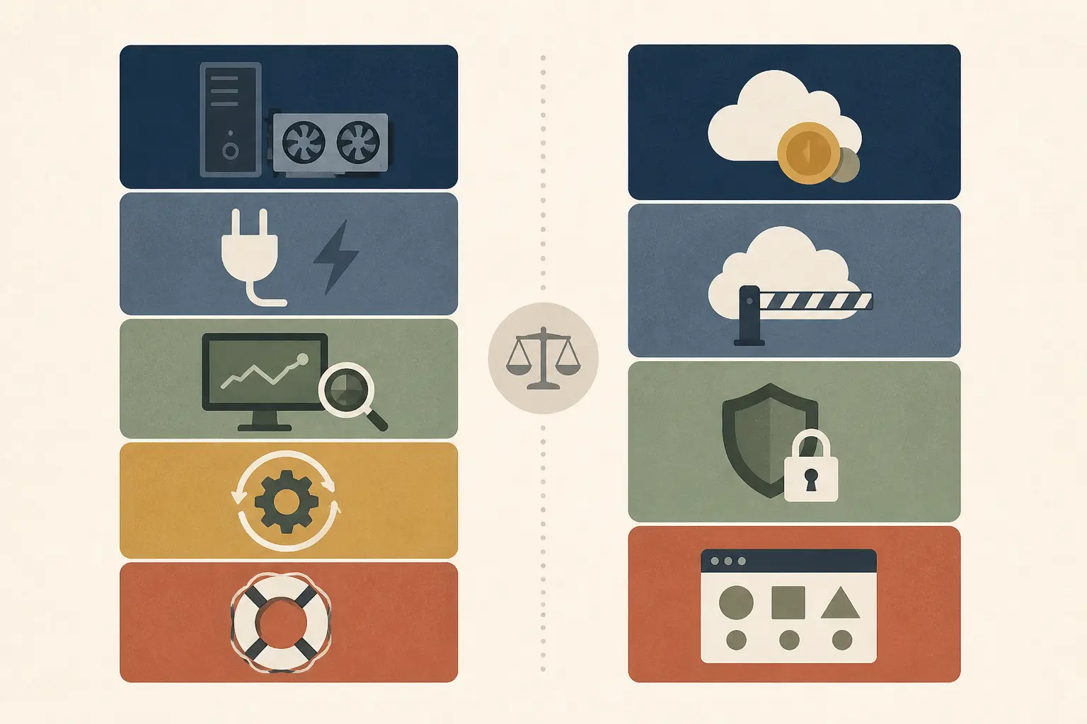 Illustration of the operating responsibilities and cost inputs for local LLM inference versus an API