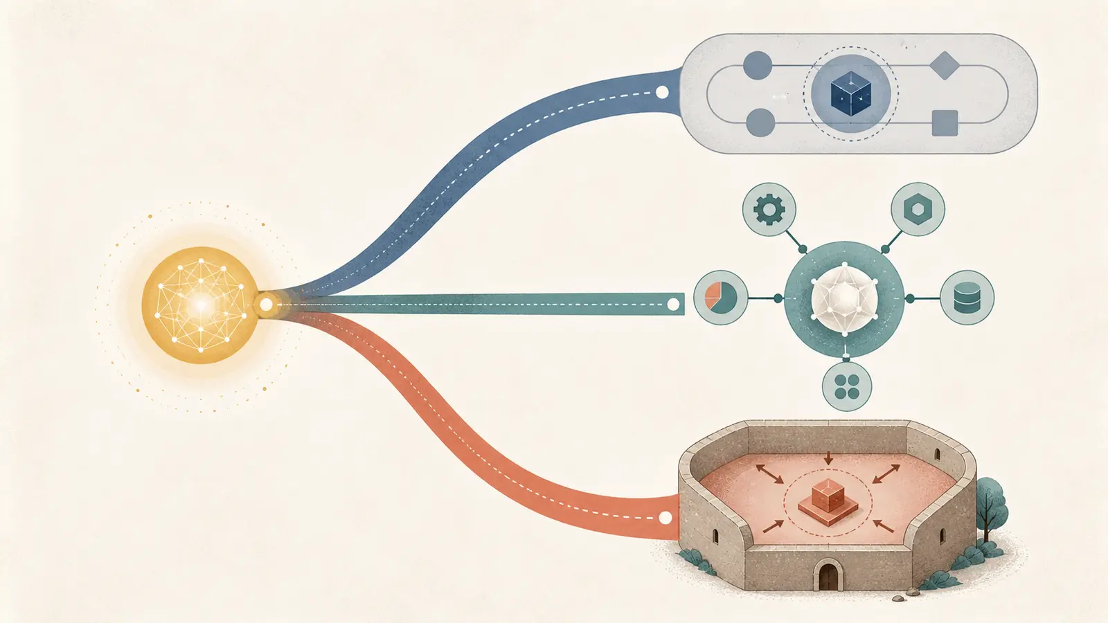 Illustration of an AI capability being routed into an existing product, a standalone product, or an internal system