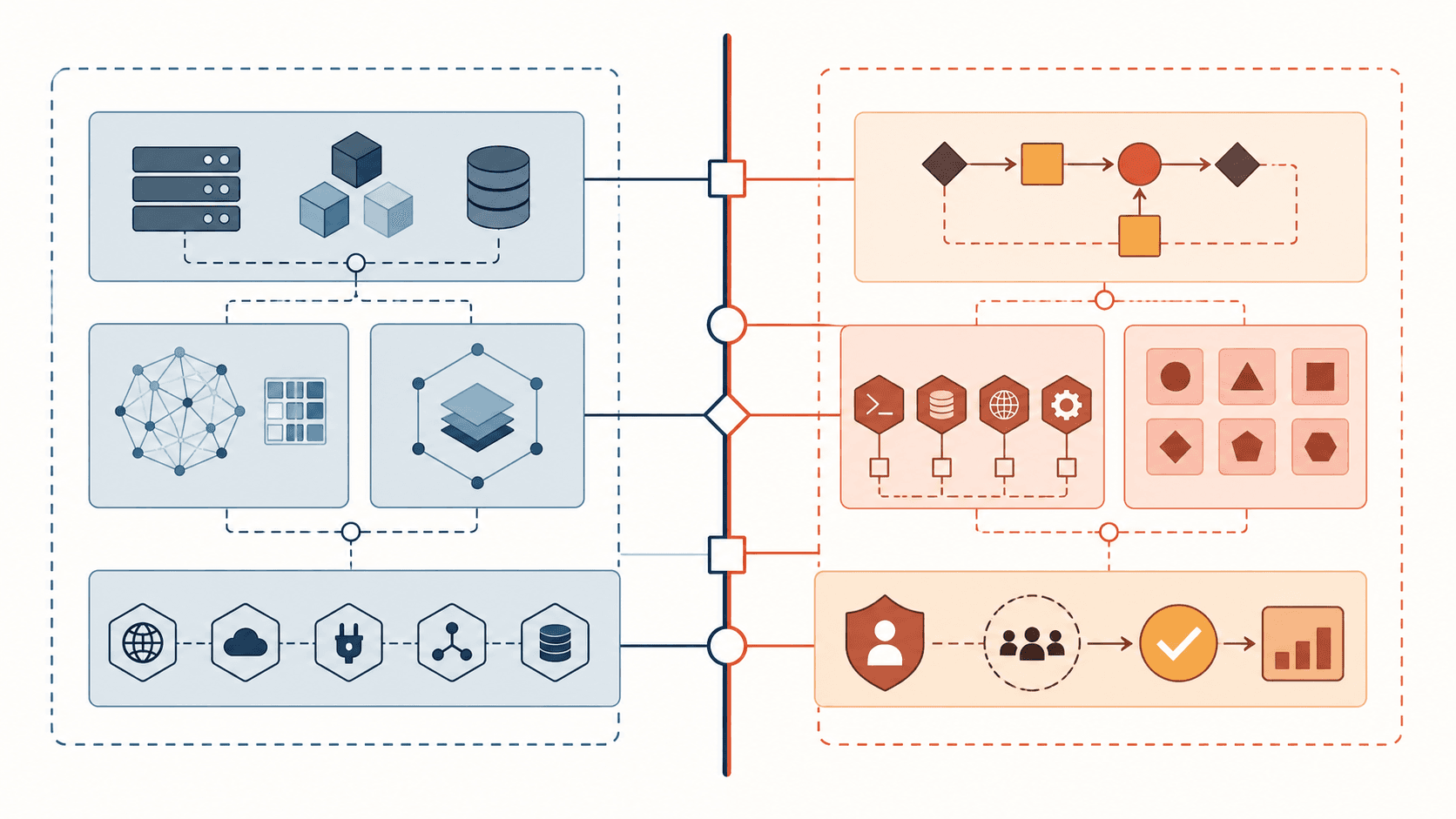 A business workflow splits into buy, build, and hybrid paths at a decision boundary