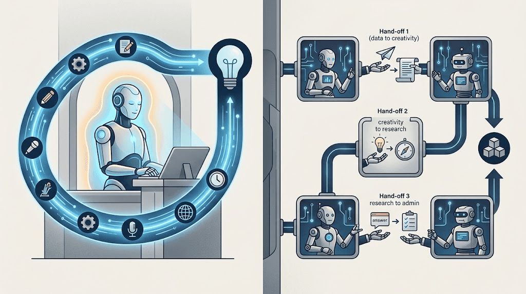 A single AI agent with shared context beside a bounded multi-agent system with separate tools and a controlled handoff