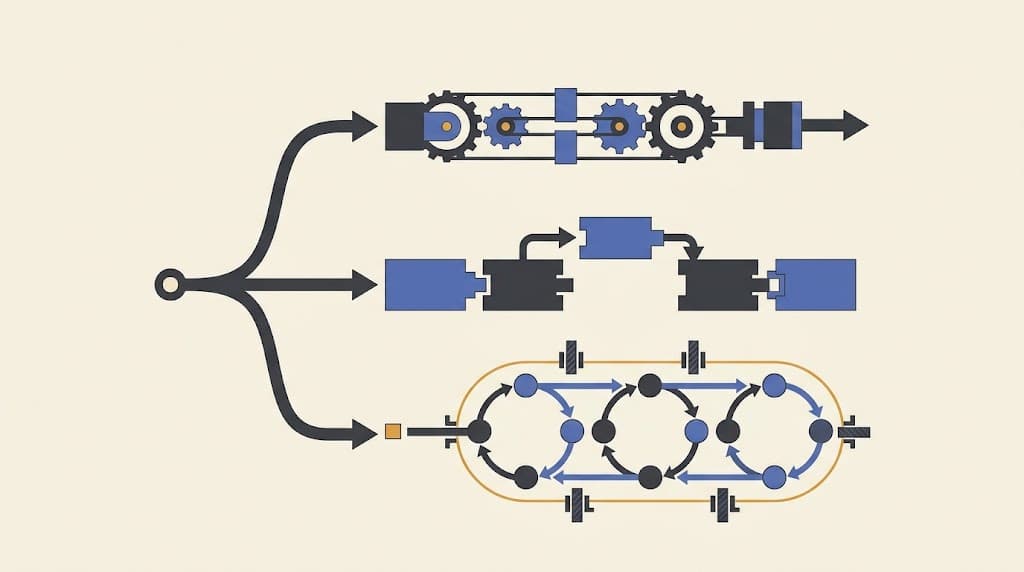 A branching system separates a fixed automation path from an adaptive agent loop contained by approval gates