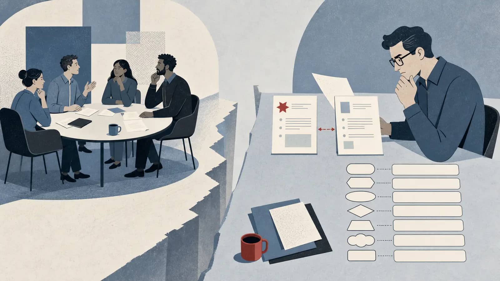 Illustration of a cold reviewer checking decision, rationale, owner, timing, dissent, and unresolved questions against a source record