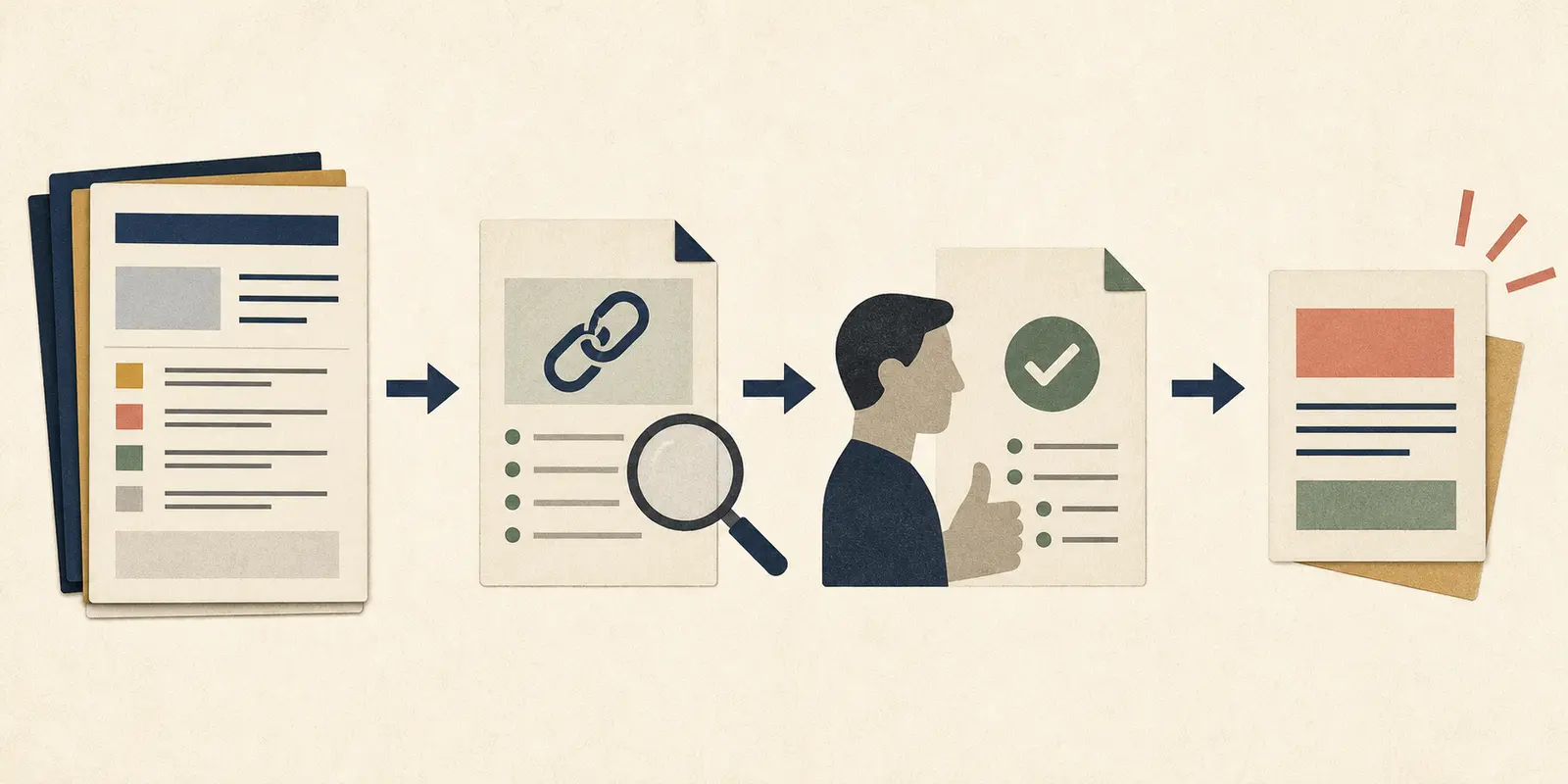 Illustration of a short reader summary being generated only after a decision record passes a source audit and human review gate