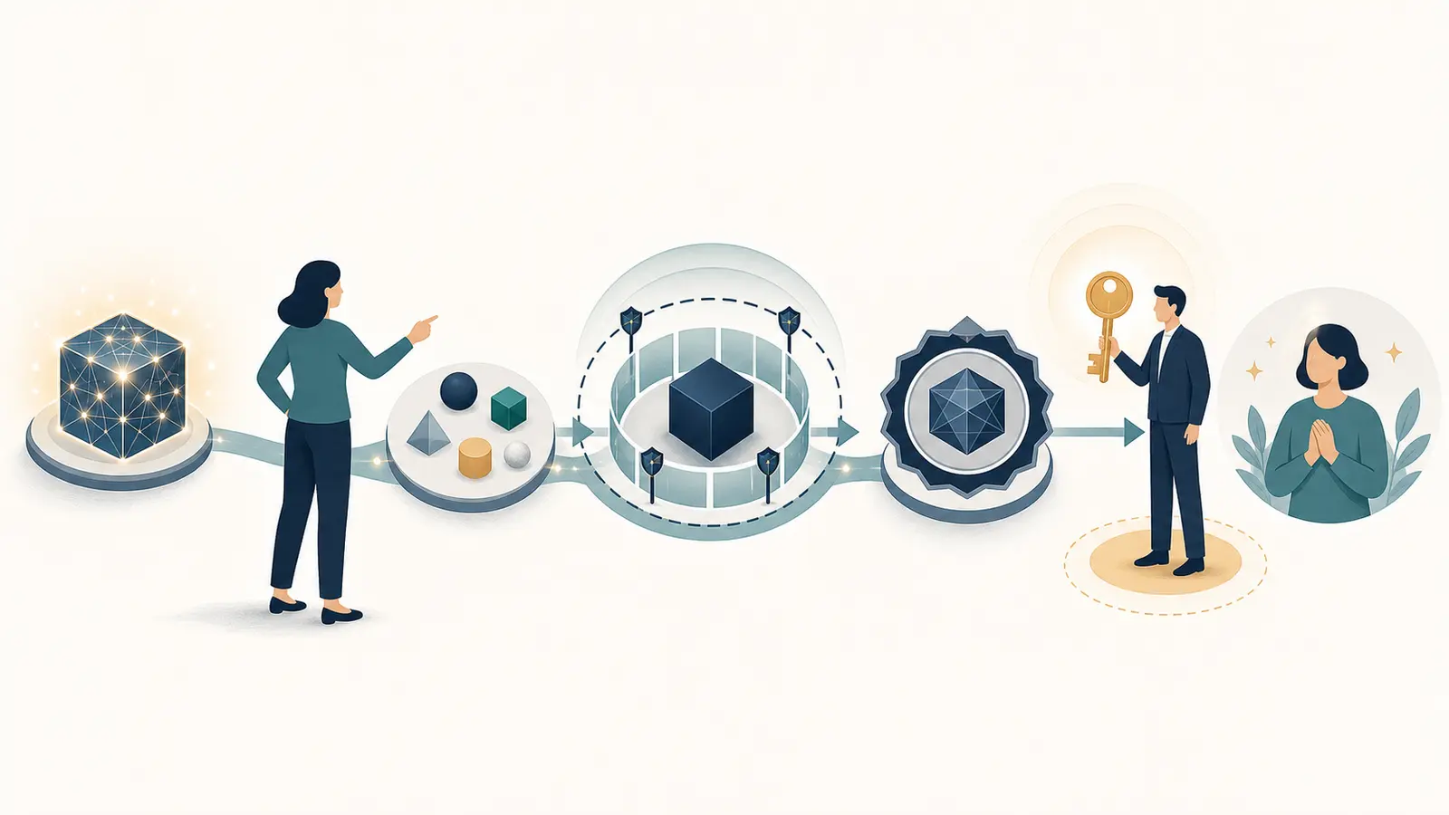 Illustration of a product manager moving an AI feature from a promising demo through evidence, boundaries, outcome verification, and release ownership