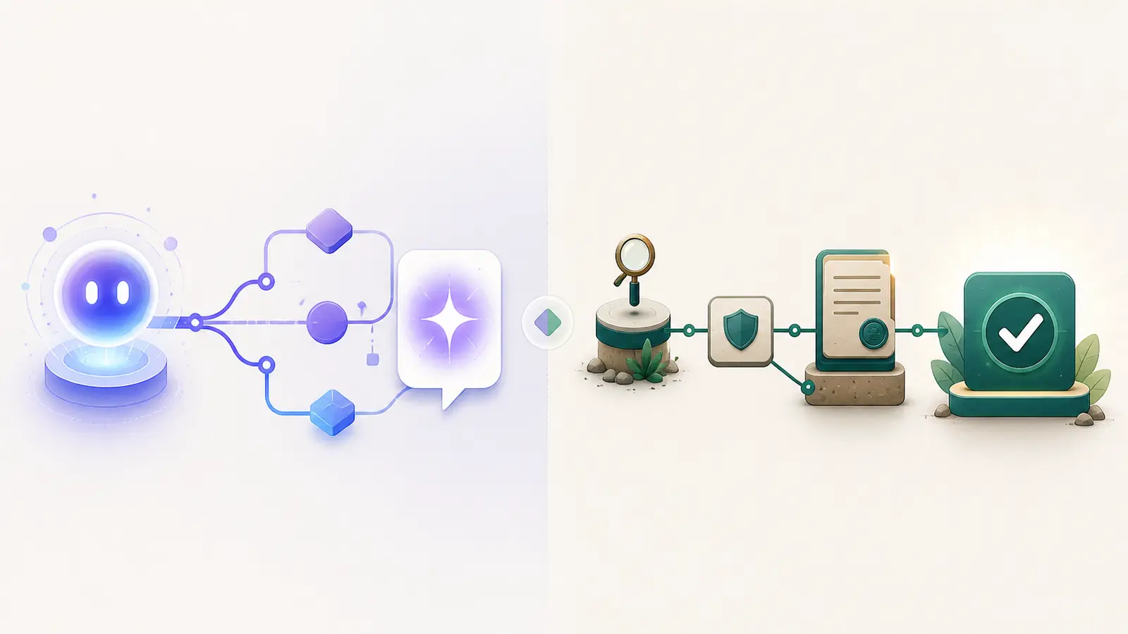 Illustration of the difference between an AI response assertion and an independently verified source-of-truth outcome