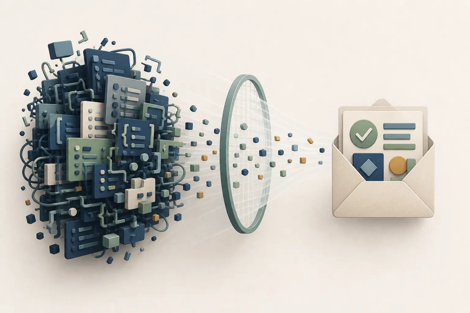 Illustration of a raw AI-agent tool result being filtered into a compact actionable response