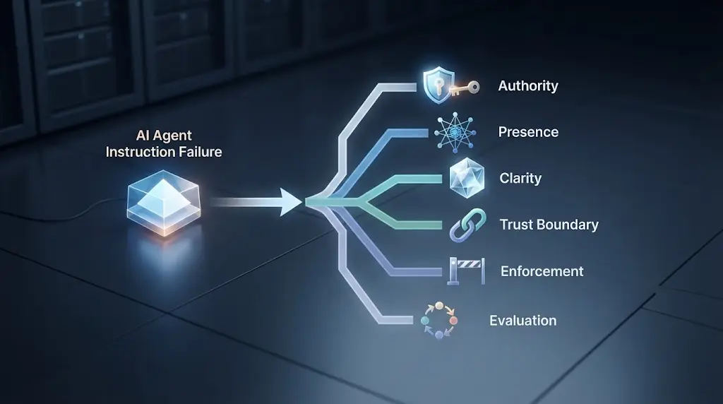 Illustration of an AI agent instruction failure branching into authority, context, clarity, trust, enforcement, and evaluation