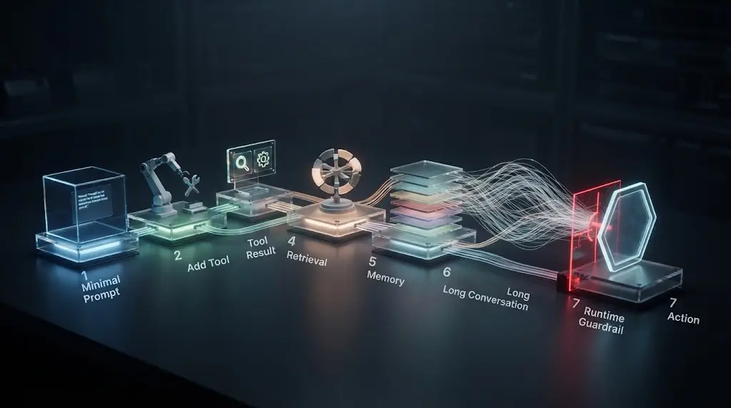 Illustration of a minimal reproduction adding tools, retrieval, memory, and guardrails one layer at a time