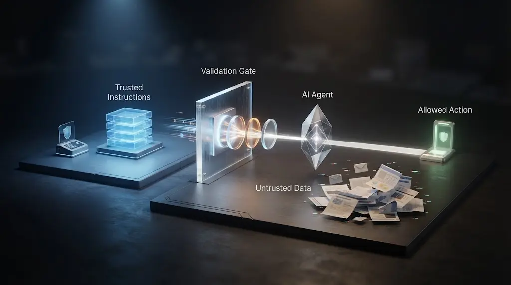 Illustration of trusted instructions separated from untrusted documents before an agent decision
