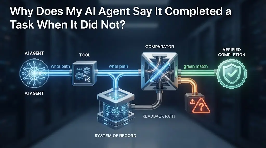 An independent readback checks the state-changing tool call before completion is reported