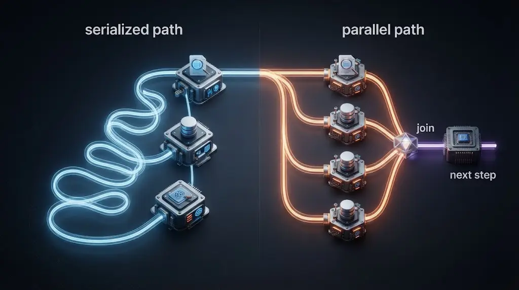 Illustration of a latency comparison between serialized tools and safe parallel reads, with an ordered commit after a join