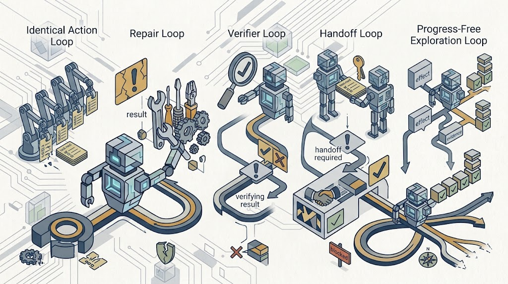 Diagram comparing the main shapes of non-converging AI agent loops