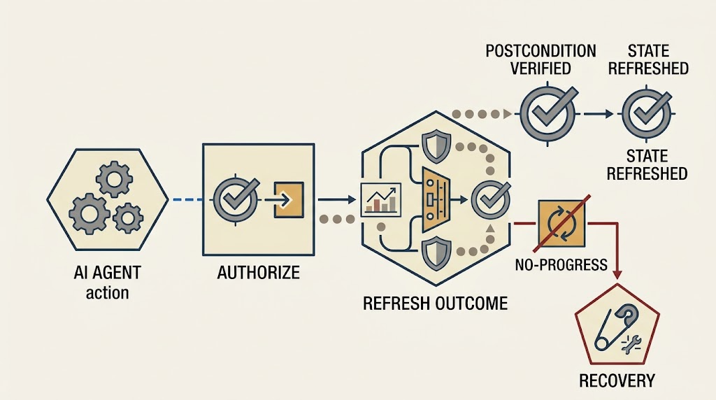 Architecture diagram connecting an agent action to a verified postcondition and recovery branch