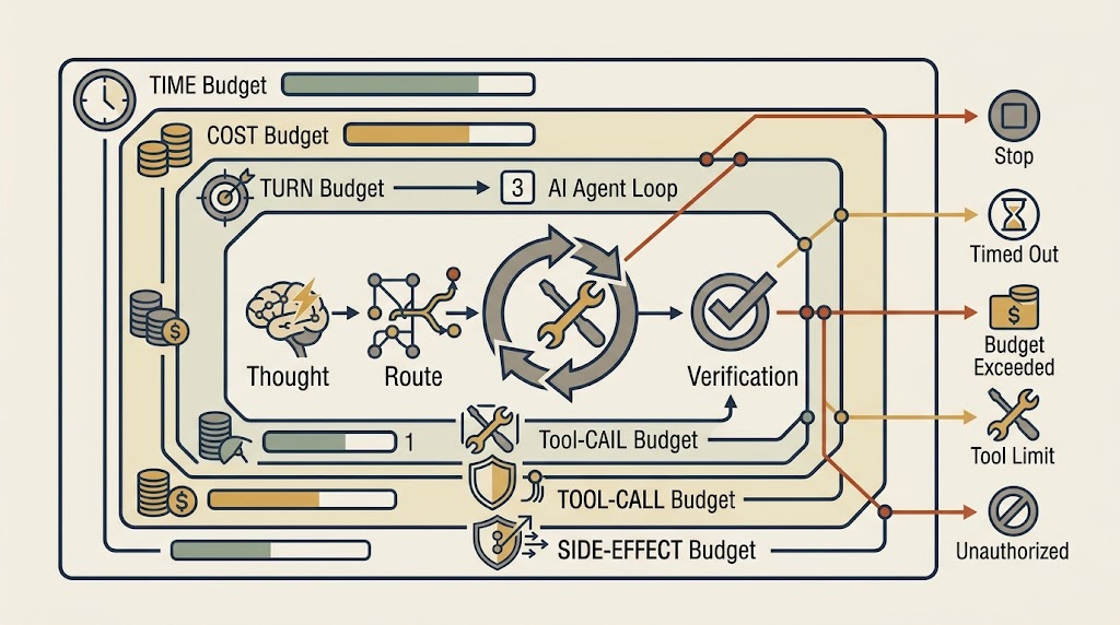Runtime boundary diagram showing turn, time, cost, tool-call, and side-effect budgets