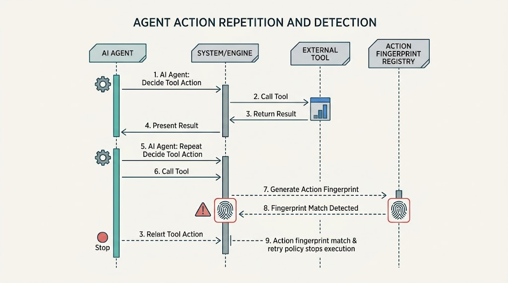 Trace sequence showing an action fingerprint detecting a repeated effective tool call