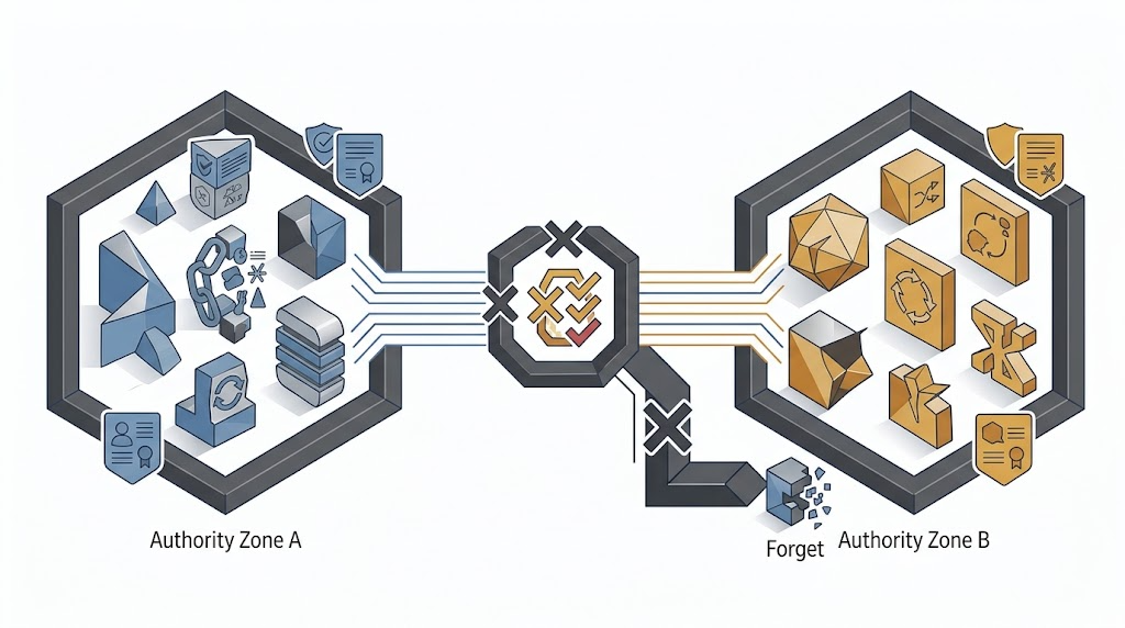 Conceptual diagram of separate AI agent authority zones connected by a narrow audited handoff