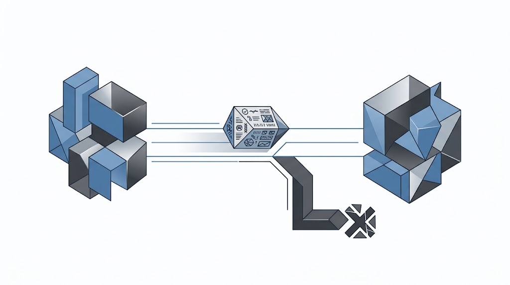 Conceptual diagram of two AI agents exchanging a bounded artifact instead of an unstructured transcript