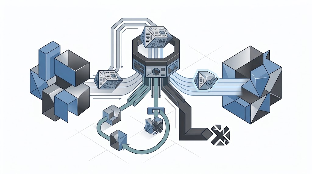 Conceptual illustration of an AI agent returning a structured artifact through validation before another agent can consume it