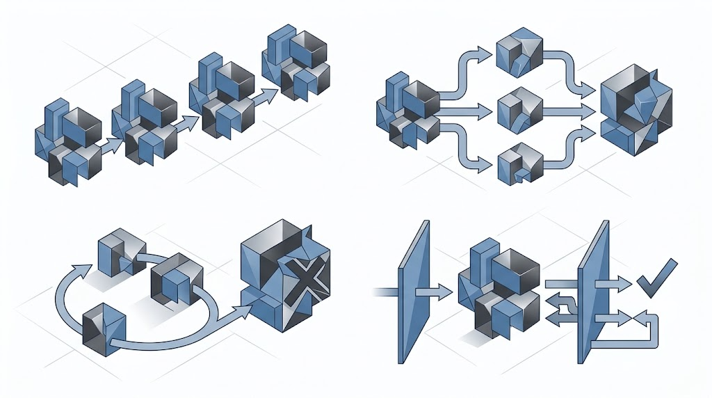 Conceptual architecture map showing sequential, parallel, review, and loop paths with bounded agent handoffs