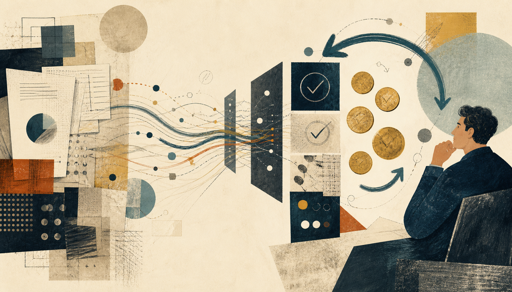 Illustration of an AI agent business case moving from forecast to measured production evidence and a recurring human decision