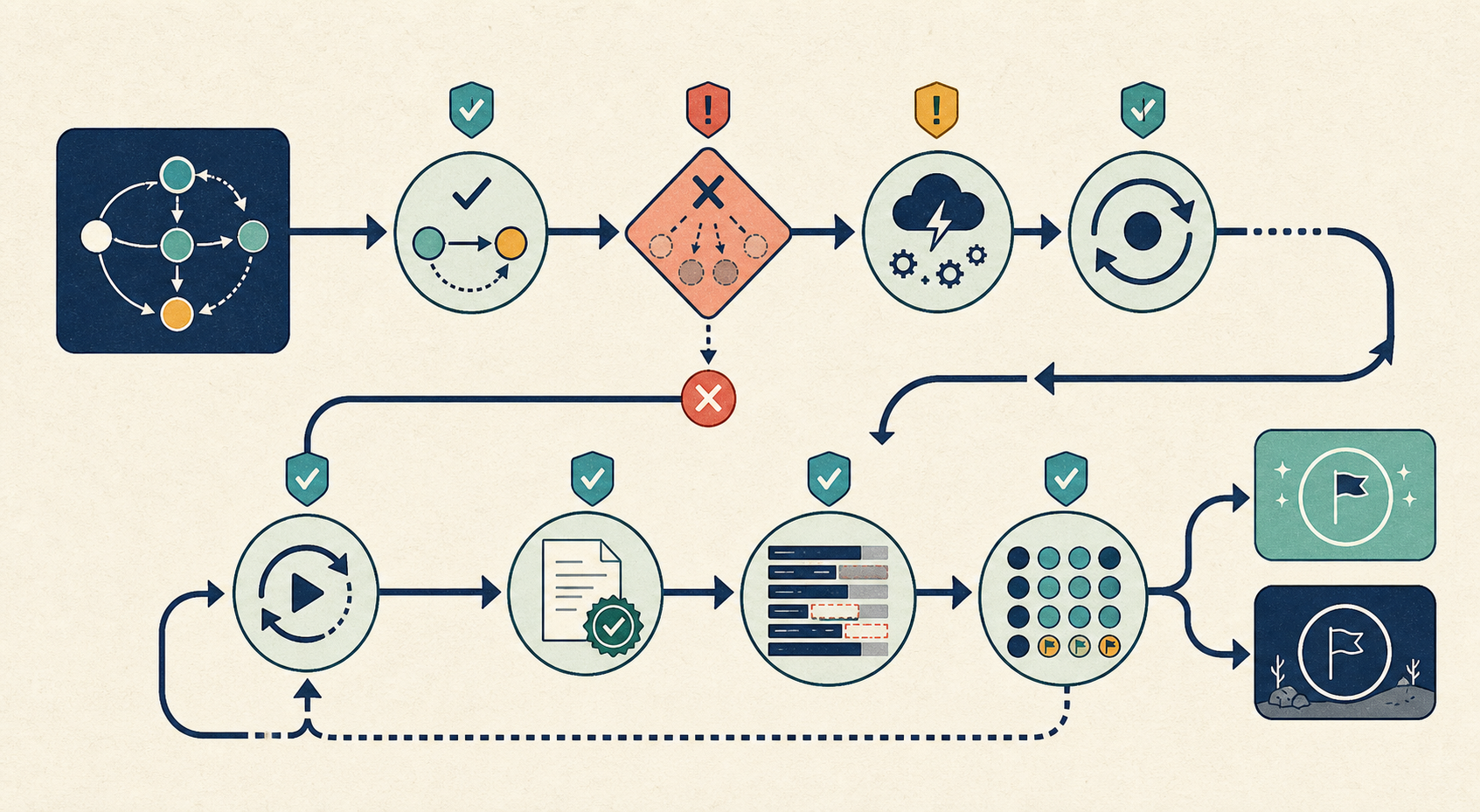 Illustration of an AI agent state machine release and restart test checklist