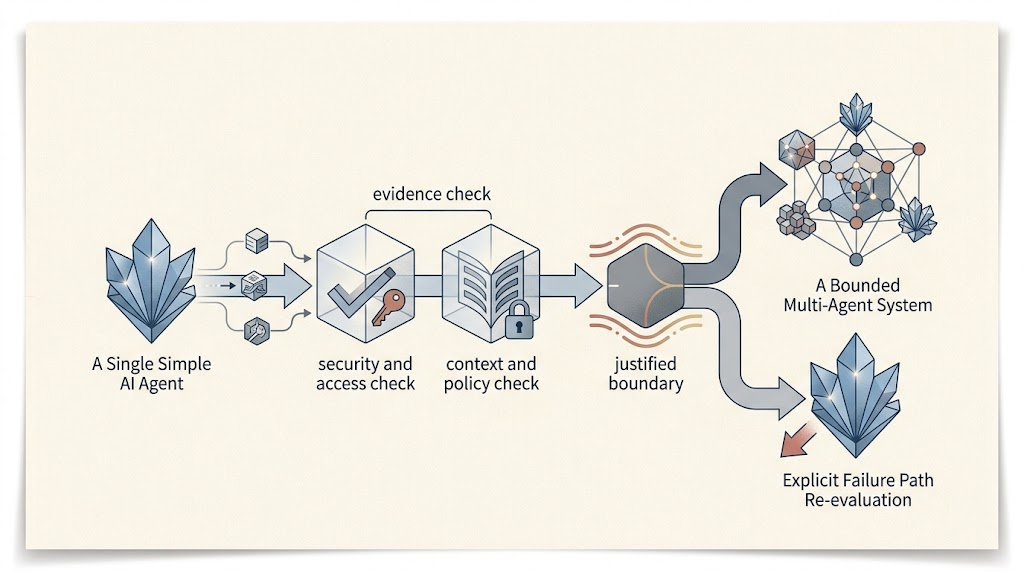 Decision map showing a workflow staying with one AI agent unless evidence justifies a split
