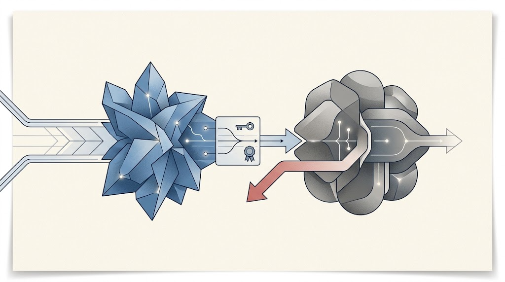 Conceptual illustration of specialized AI agents exchanging a bounded verifiable artifact