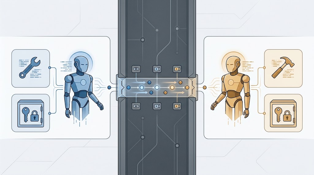 Conceptual diagram of two AI agents separated by least-privilege and approval boundaries