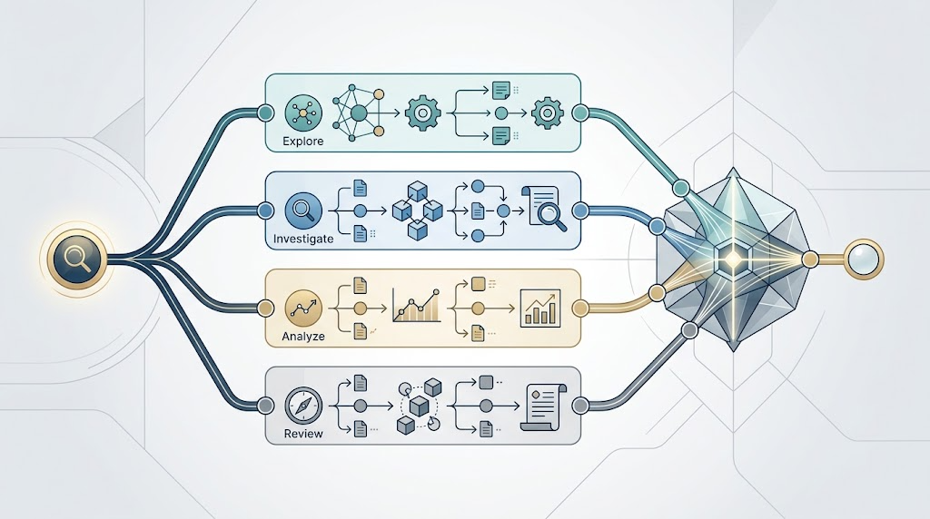 Conceptual diagram of independent AI agent branches running in parallel before synthesis