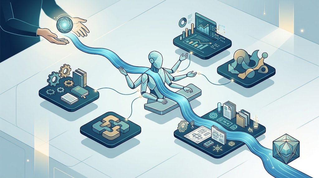 Conceptual diagram of one AI agent preserving shared task context across several tools